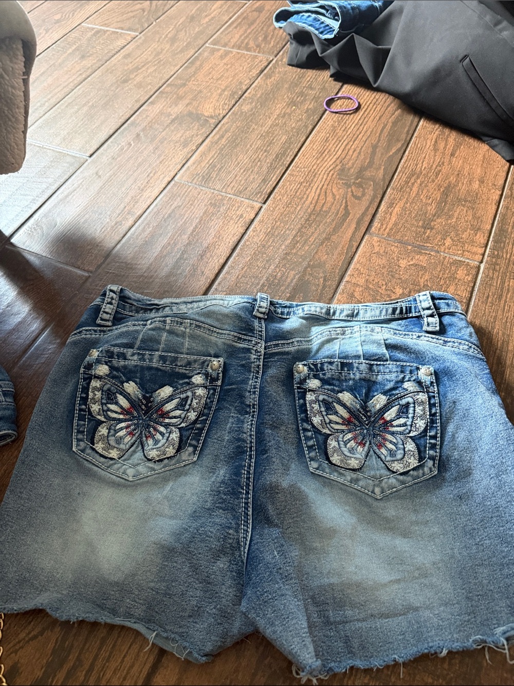 Women’s Light Blue Denim Jean Shorts with Embroidered Butterfly Pockets